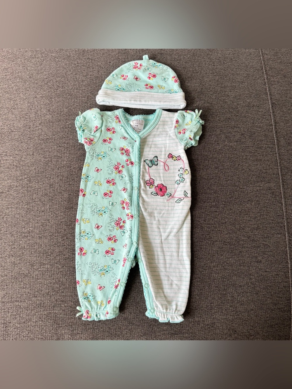 Baby Mode Mint Teal Floral Baby Girls Romper & Matching Hat Cottagecore 0-3M